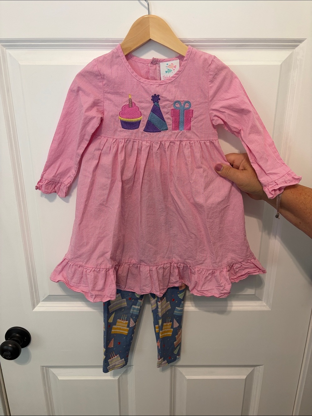 Girls Stitchy Fish Pink Birthday Appliqué Dress and Legging Set
